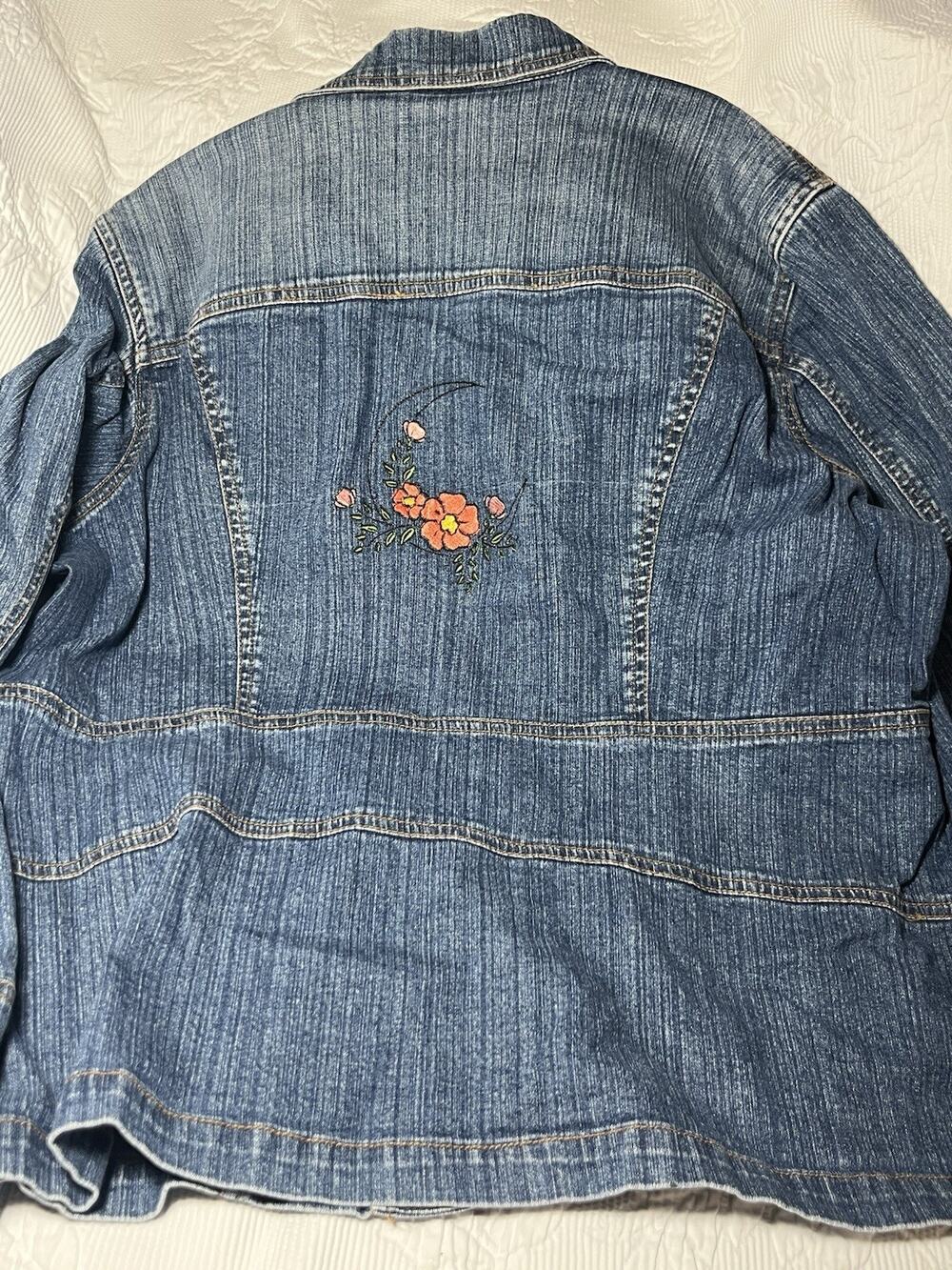 Custom Embroidered Denim Jacket Upcycled St John’s Bay 1X Boho Mushroom Moon